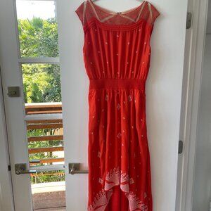 Anthropologie Floreat High Low Nanette Embroidered Dress in Red,‎ Orange, 4